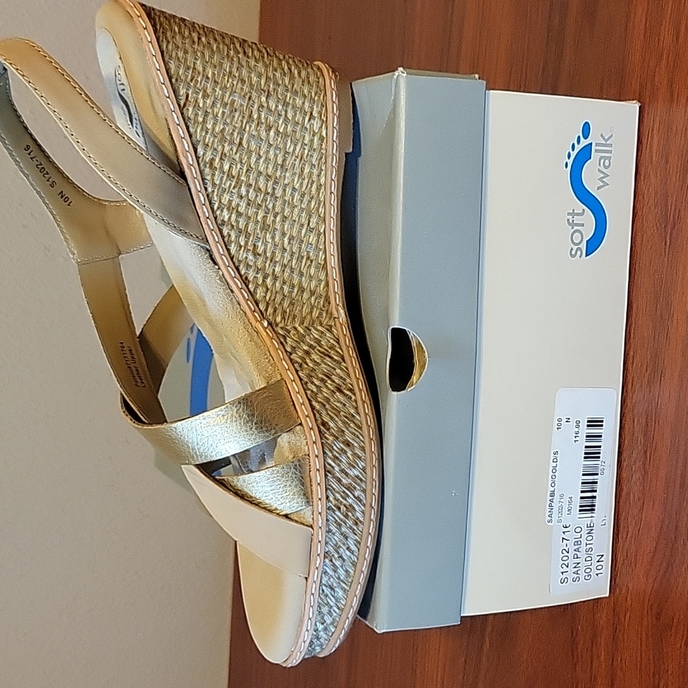 Soft Walk Gold and Beige Wedge Sandals